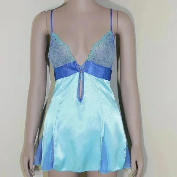 Shirley of Hollywood Other - Vintage 00s Blue Satin Lace Teddy Lingerie Size Small Floral Mesh Slip On Sexy